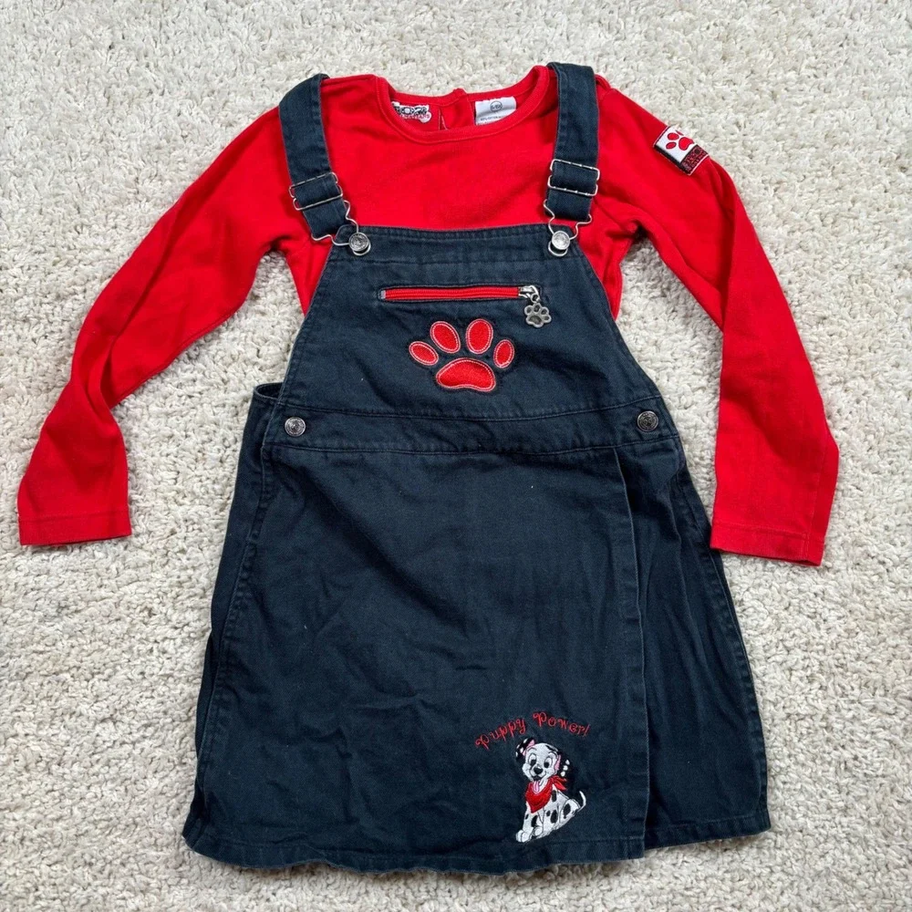 Disney 102 Dalmatians Girl Red Tee and Black Denim Overall Jumper Dress Set 6/6X